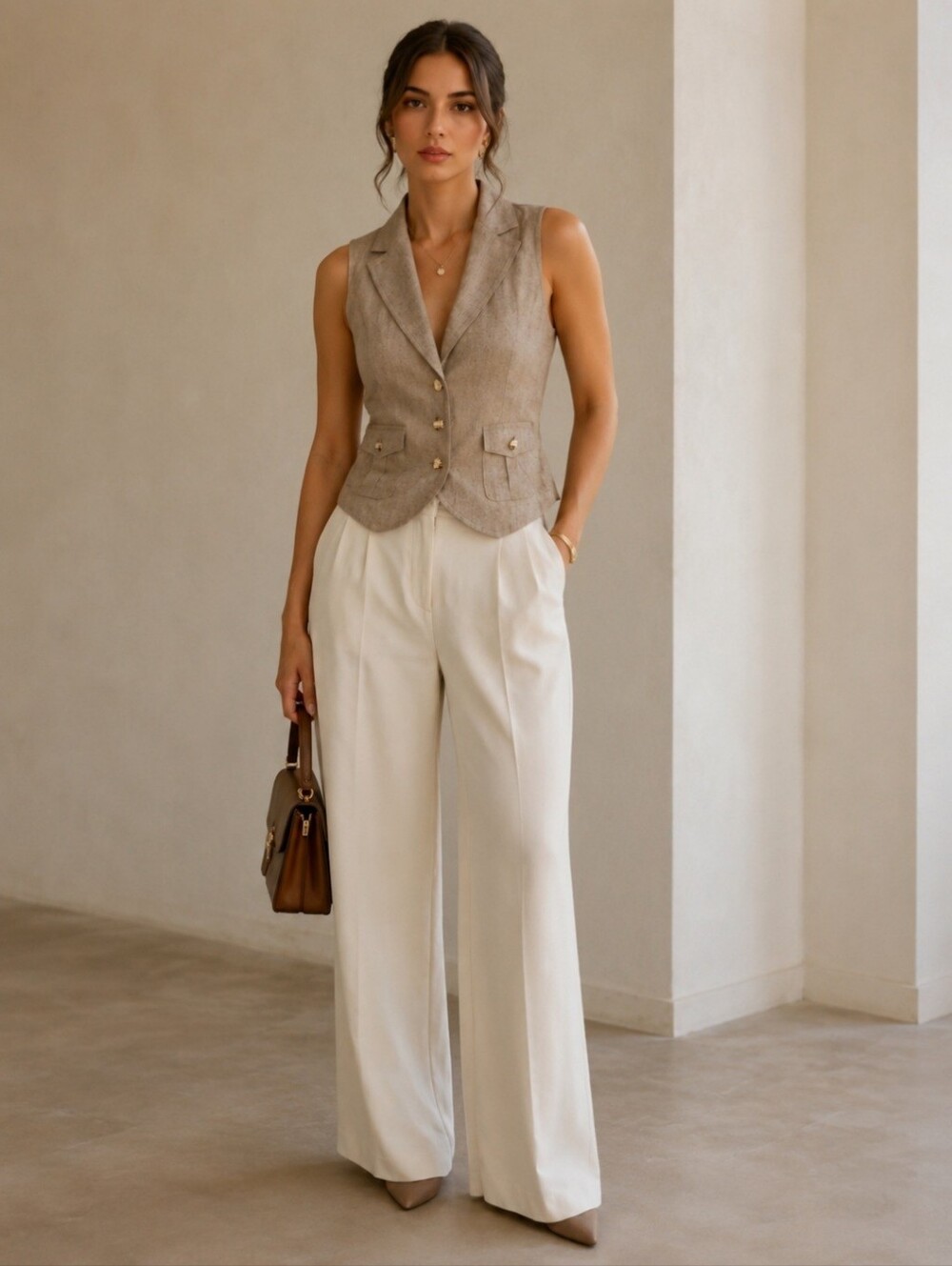 Tan Tailored Vest Button Front Structured Sleeveless Blazer Work Office Top